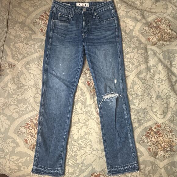 AMO Denim Babe Jeans Size 27 Dive Bar Destroy Wash Frayed Ankle Jeans Button Fly - Picture 1 of 9
